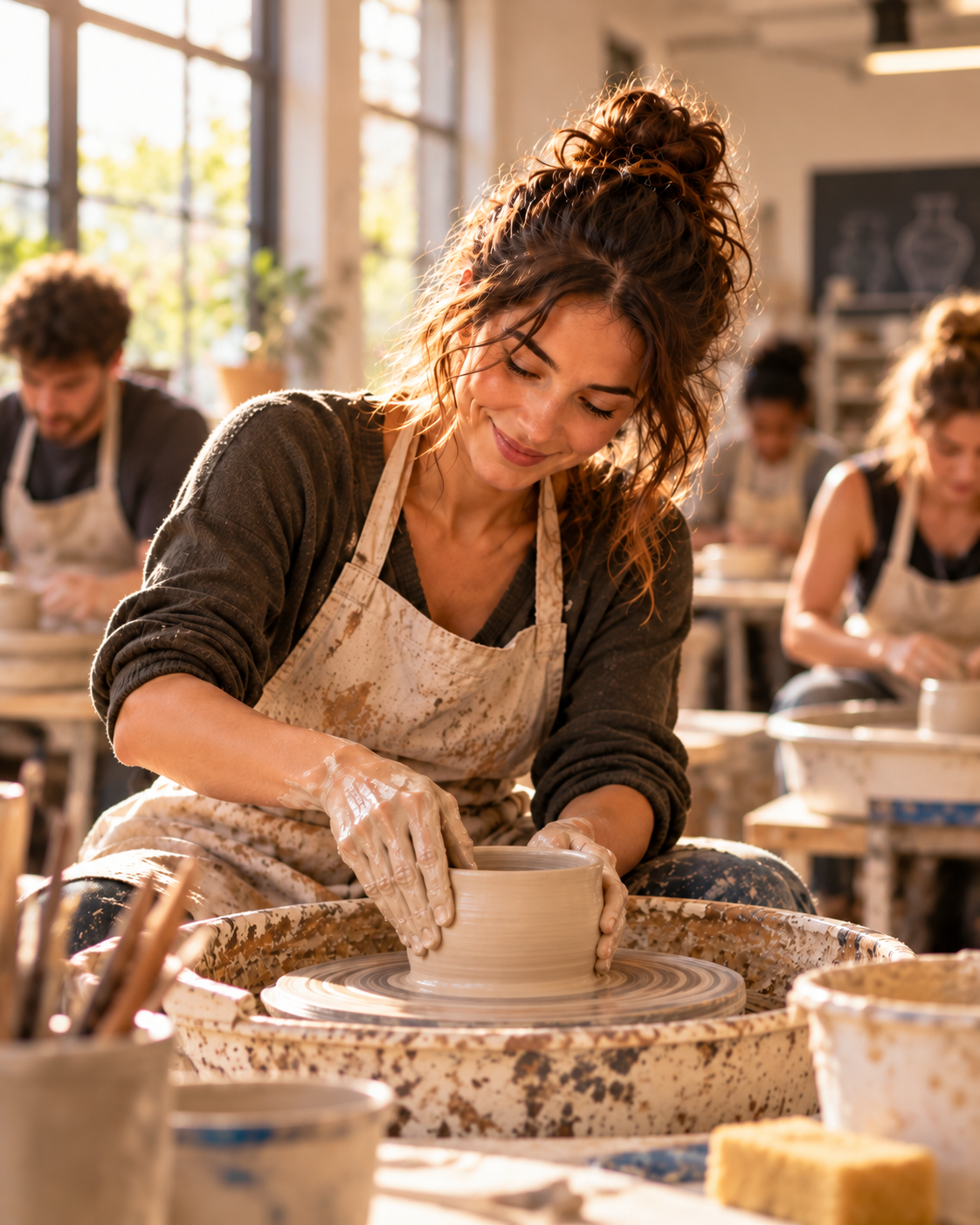 Mujer aprendiendo cerámica en un taller con otros participantes al fondo