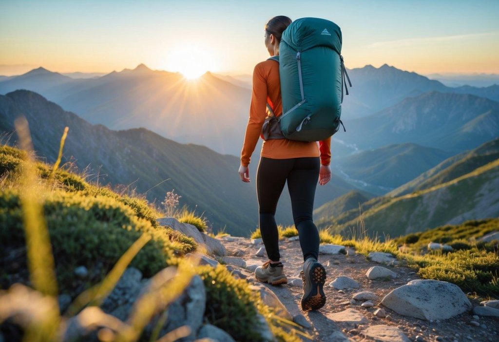 Senderista con mochila caminando por un sendero de montaña al amanecer.
